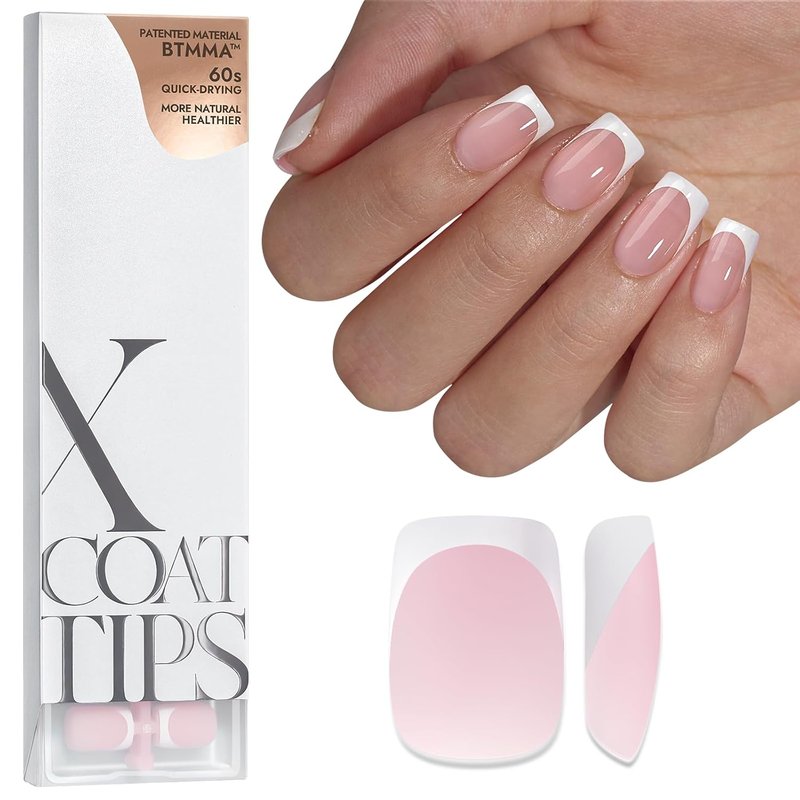 French Tip Press-On Nails | 160 Pcs Pink Square Soft Gel Tips - No Filing Needed, 16 Sizes Included