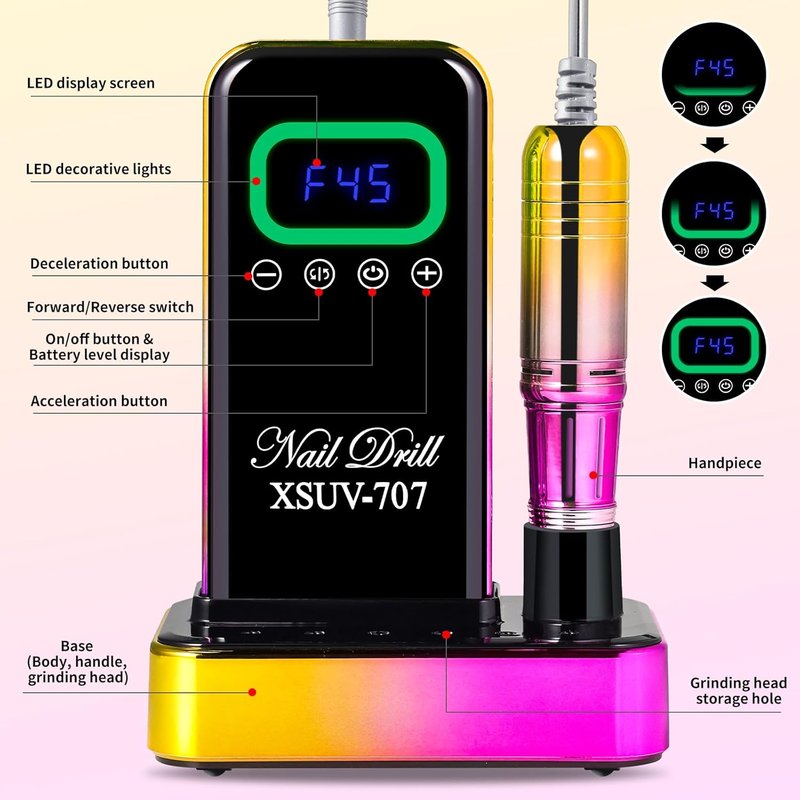 Skiennix Cordless Nail Drill - 45000 RPM Rechargeable Electric File Kit for Acrylic Gel Polishing | Portable Gold E-File Machine for Manicure & Pedicure