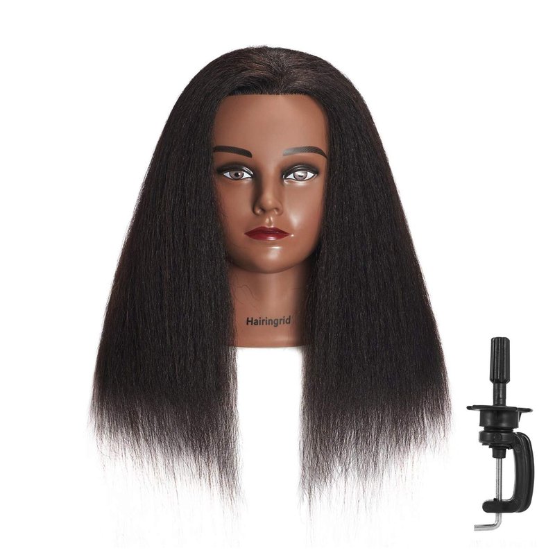 Hairingrid Mannequin Head - 14” 100% Real Hair Training Head with Free Clamp Holder