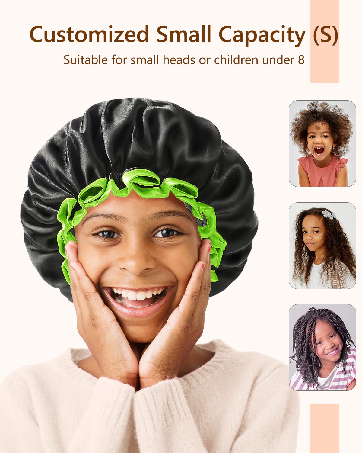 mikimini Black Small Shower Cap for Child 1 Pack, Double Layers Waterproof Bathing Hair Cap with Reusable Soft Comfortable PEVA Lining, Cute, non-fading & Stretchy Shower Hat