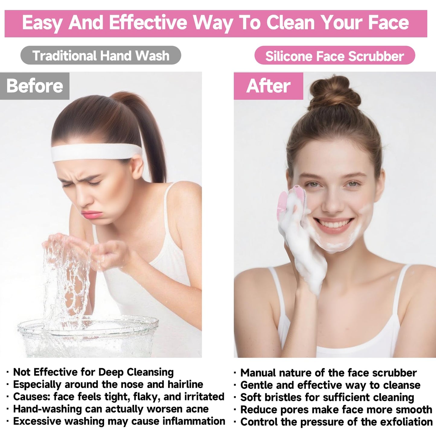 ARIOSOX 2 PCS Face Scrubber, Soft Silicone Face Exfoliator with Suction Cup for Man and Women Deep Skin Clean, Gentle Facial Cleaning Brush Suitable for All Sensitive Skin (Pink+Blue)