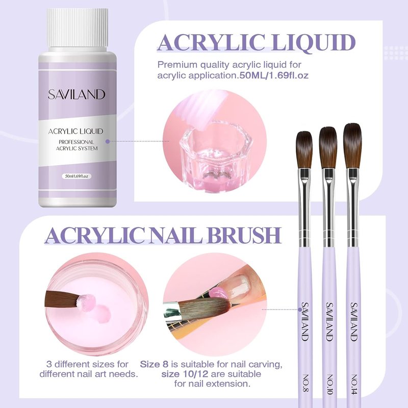 SAVILAND Acrylic Nail Kit for Beginners - Clear, White & Pink Powder, Liquid, Brushes & Tools Set
