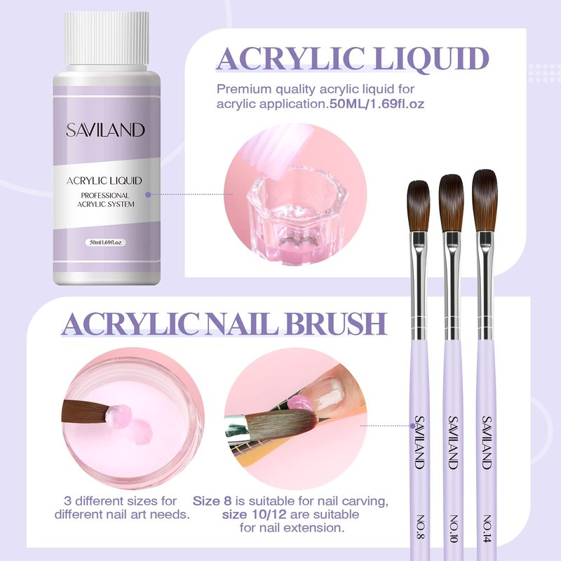 SAVILAND Acrylic Nail Kit for Beginners: Clear White Pink Acrylic Powder 0.5 Oz Each, 1.7 fl oz Acrylic Liquid, #8/10/14 Brushes, 100Pcs Nail Forms & Manicure Tools Professional Nail Kit Acrylic Set