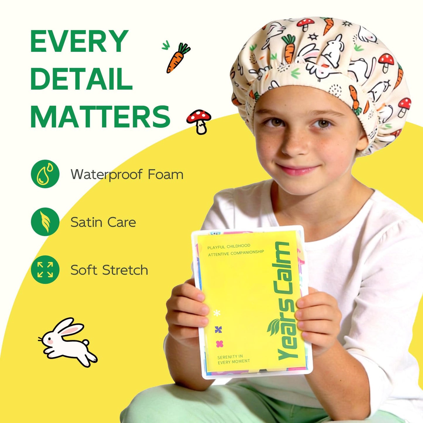 Years calm Satin Lined Shower Cap for Kids, Waterproof Kids Shower Cap with Soft Hair Protection & Wide Elastic Band, Reusable Shower Hat for Kids Ages 3–10 (Beige, One Size)