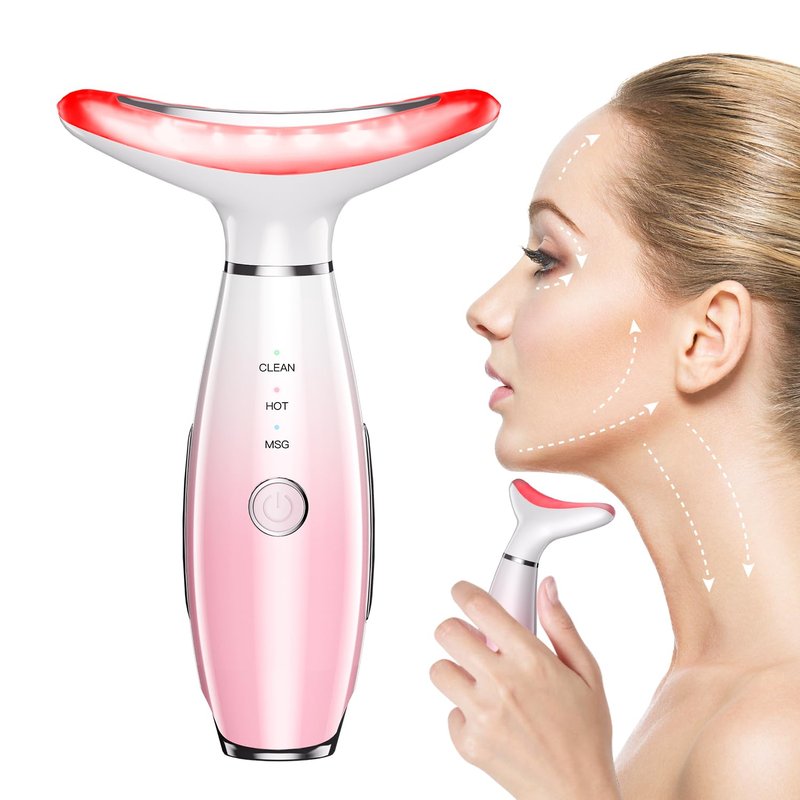 Neck Face Massager - 3-in-1 Facial Massage Tool with Thermal Vibration | Skin Care Essential (Pink)