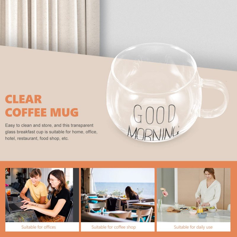 Healvian Glass Soup Bowl Clear Coffee Mug Glass Cereal Mug Breakfast Milk Cup for Porridge Juice Yogurt Tea Beverage Oats Oatmeal 400ml Mixing