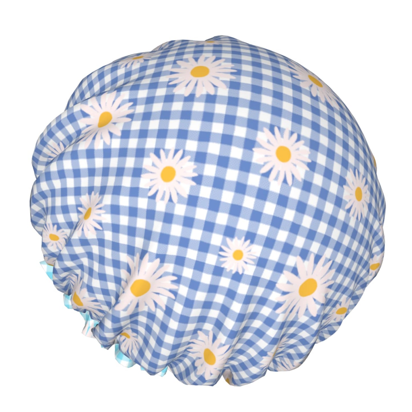 Kwlegh Blue Checkered Shower Caps for Women Daisy Flower Double Waterproof Layers Bath Hat Elastic Reusable Hair Cap for Shower Cooking Clean Makeup