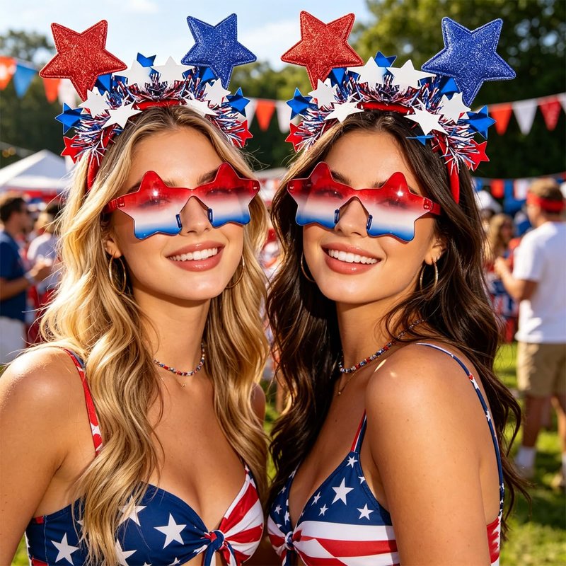 4th of July Patriotic Headband and Star Sunglasses Set Red White Blue Glitter Star Headband with Tinsel Independence Day Accessories for Women Novelty Glasses for 250th Anniversary Parade Photo Booth