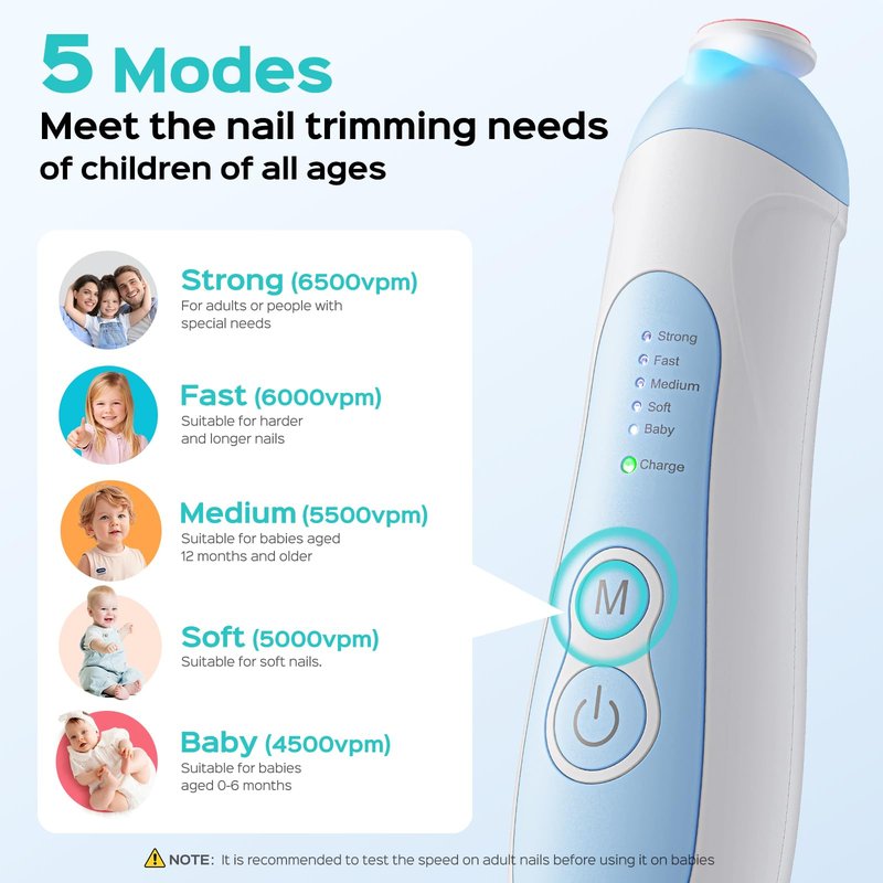 COSLUS C52 Rechargeable Baby Nail File: Cordless Baby Nail Trimmer Electric, Baby Nail Clipper with 5 Speeds & 6 Grinding Heads for Baby Kid, CPC Certified & Quiet Design - Safe for Sleep Trim, Blue