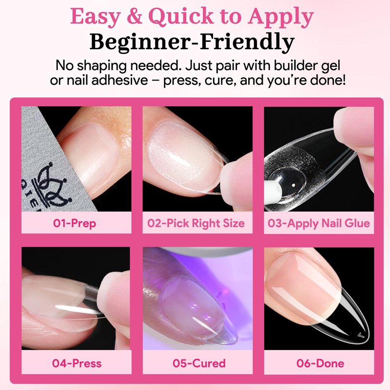 Qiek Medium Almond Fake Nail Tips, 15 Sizes 240 PCS Clear Half Matte Press On False Nail Tips Pre-shaped Full Cover Gel Nail Acrylic Soft Tips Extensions Thick Long Lasting for Home DIY Nail Salon