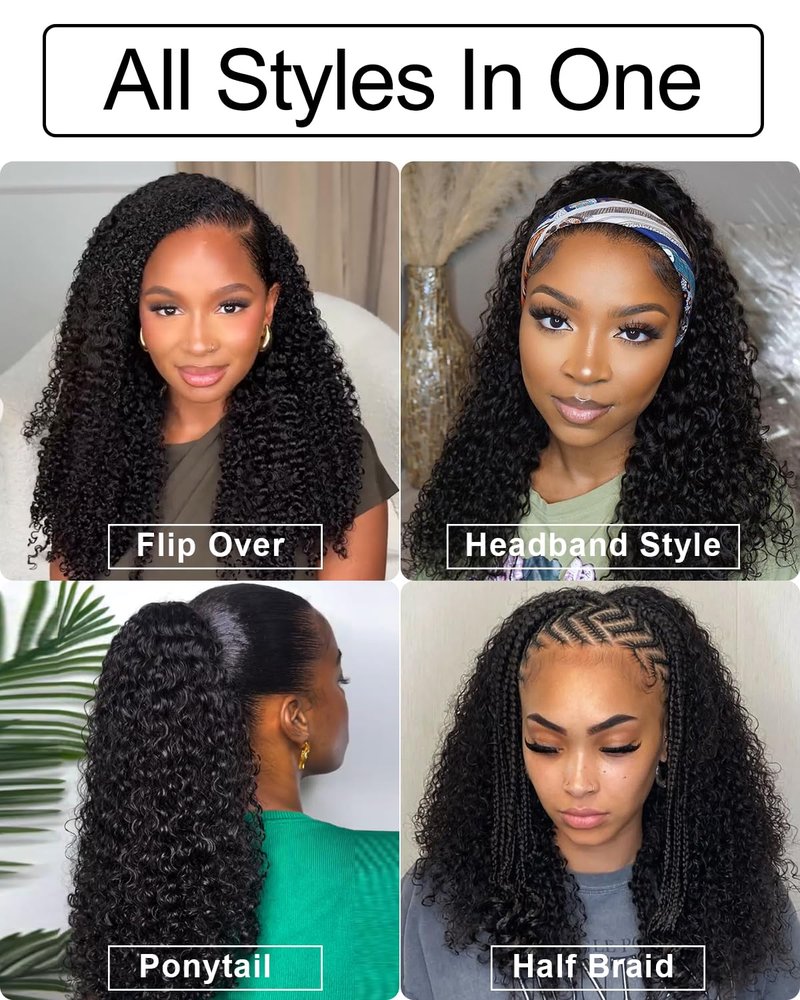 Jet Black Kinky Curly Half Wig - 200% Density Glueless Drawstring | 20 Inch for Black Women