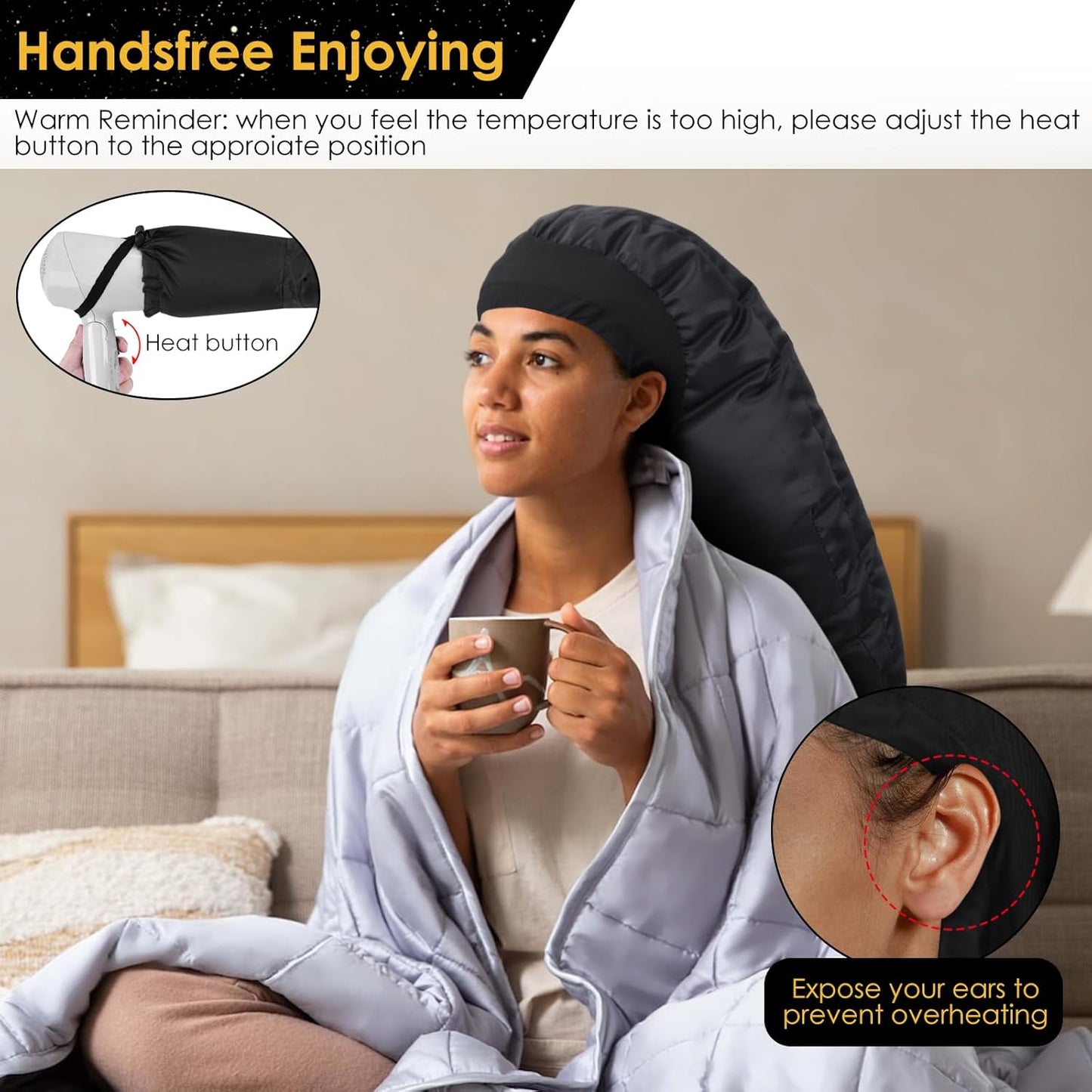 TEPENAR Hair Dryer Bonnet Attachment - Extra Large Adjustable Hooded Cap for Fast Drying Curly Hair - Black