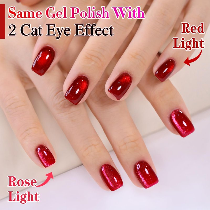 Double Rhythm 15ML Ice Glass Cat Eye Gel Polish with Magnet Holographic Glitter Shimmer Translucent Sheer Color Salon Soak Off Magnetic Nail at Home (Dark Cherry-MC1295)