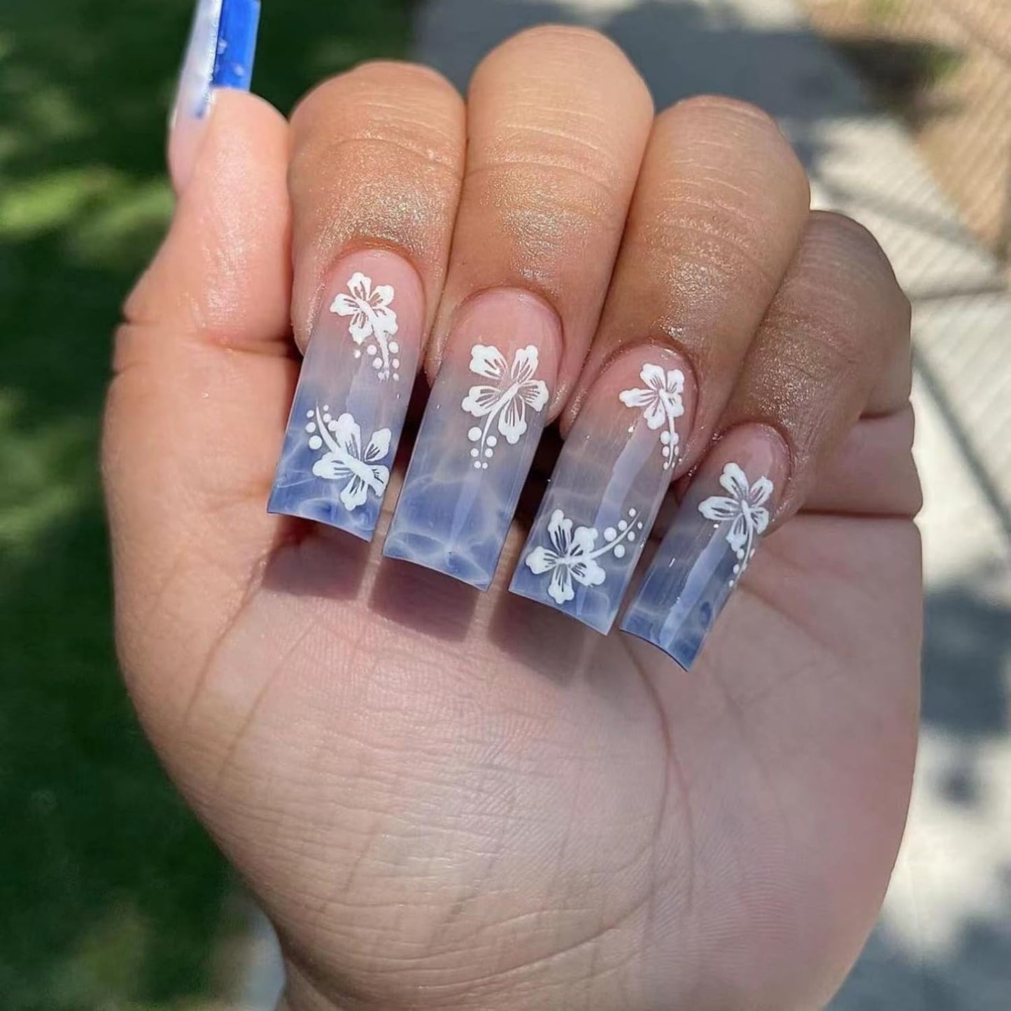 Square Press On Nails - Long Flower Gradient Design | Blue Full Cover Acrylic False Nails, 24pcs