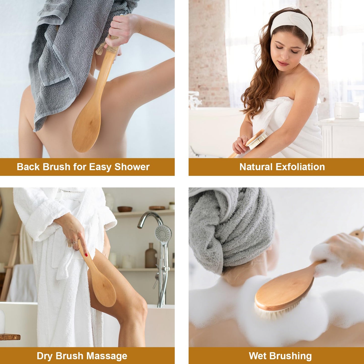 16.5 Inches Back Scrubber for Shower with Curved Long Handle,Wet&Dry Brushing Body Brush,Natural Bristles,Back Scrubber Bath Tool for Men & Women