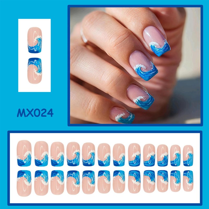 Blue Ocean Press on Nails Medium Square Fake Nails French Tip False Nails with Summer Waves Designs Glossy Full Cover Stick on Nail Reusable Artificial Nails for Women Beach Vacation