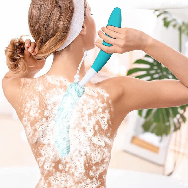 KkaFFe Long Handle Bath Brush,15.35" Anti-Slip Curve Shower Back Brush,Ergonomic Streamlined Back Brush Scrubber, Body Brush for Showering for