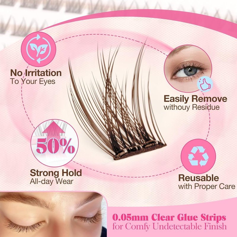 Self-Adhesive Eyelash Clusters - Brown Wispy Individual Lashes | Reusable 8-14mm C Curl Extensions