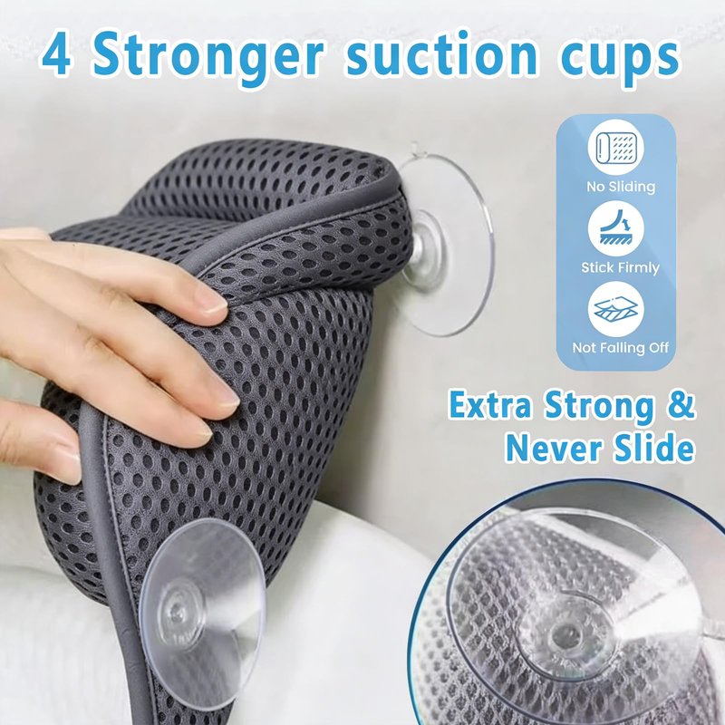 Luxury Bathtub Pillow, 4D Breathable Mesh Soft Bath Pillow with 6 Non-Slip Suction Cups, Ergonomic Head Neck and Back Support Bath Cushion, Comfortable Home SPA Bath Accessory, Ideal Gift for Women