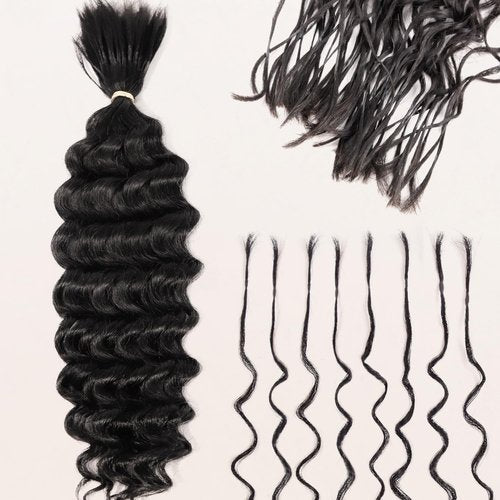 Pre-Divided Deep Wave Human Braiding Hair for Boho Braids Bulk Hair Pre-streached Human Braiding Hair Deep Wave For Black Women (Natural Black, 16 Inch - 160 Roots)