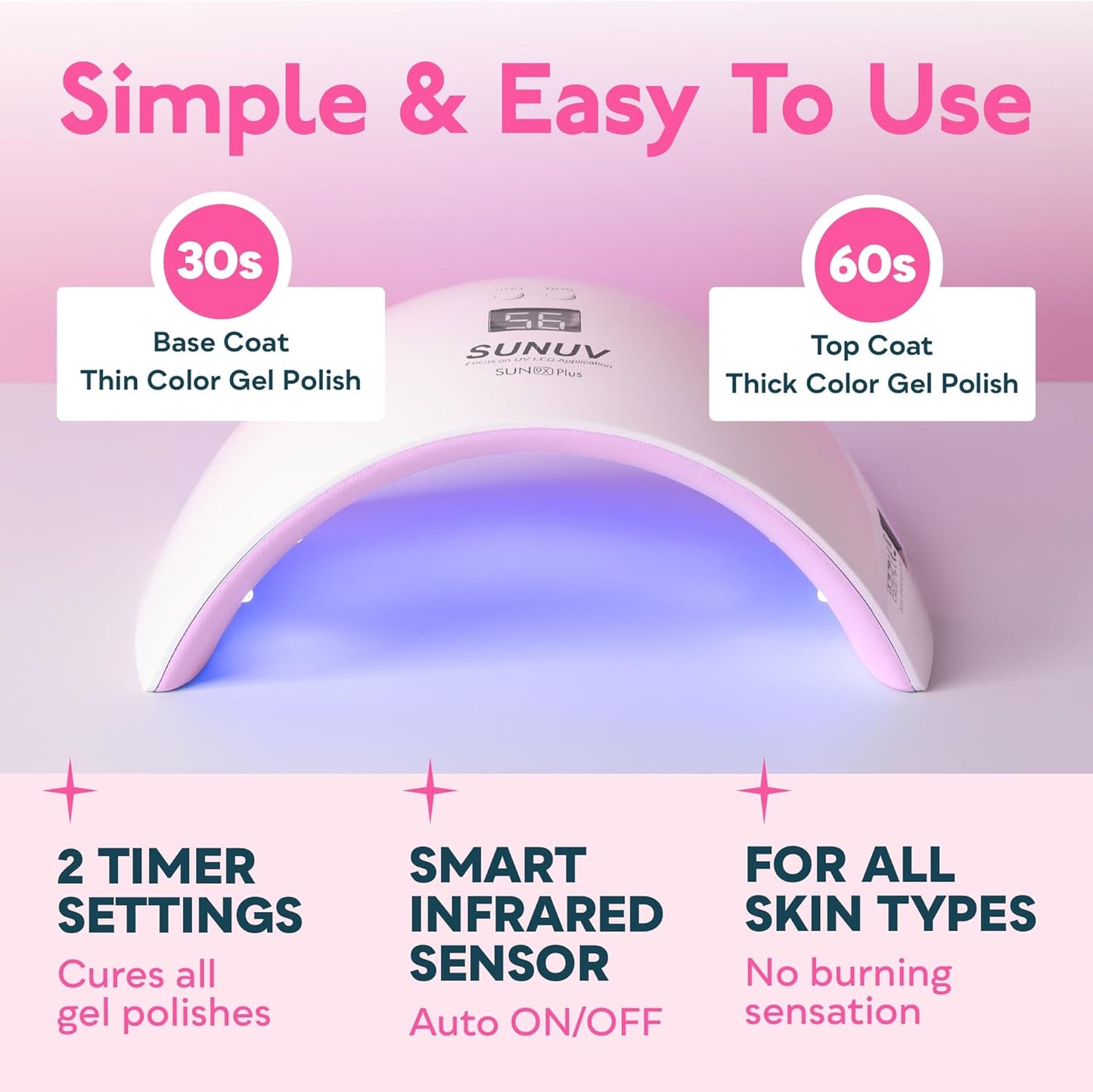 SUNUV UV Nail Lamp - Professional Gel Polish Dryer with Sensor, 2 Timers & Display | Pink SUN9X Plus