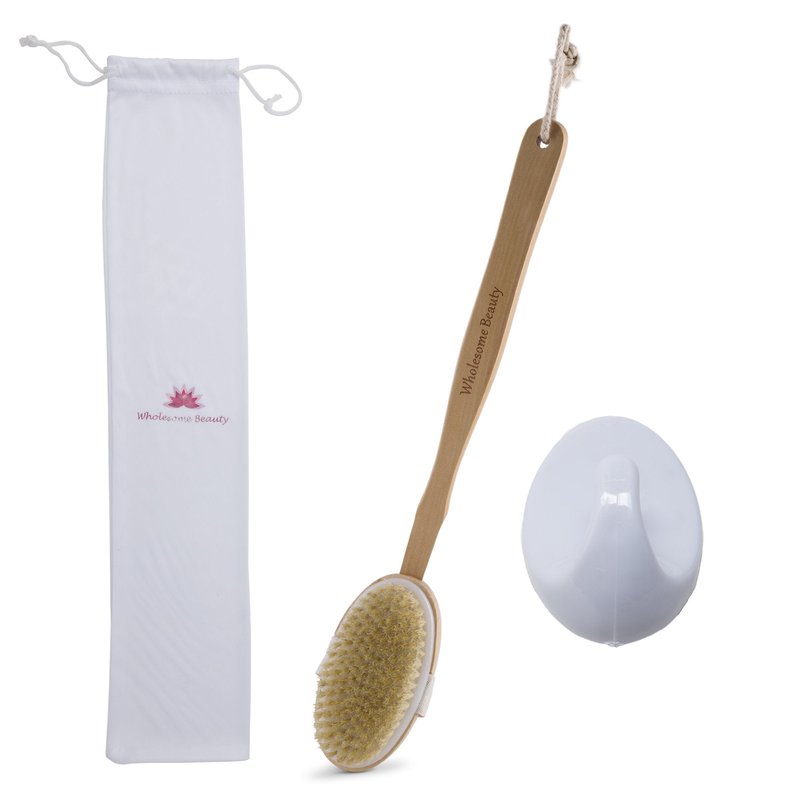 Dry Skin Body Brush 16"- Natural Bristle - For Dry Brushing - Detachable Handle -Removes Dead Skin & Toxins, Helps Cellulite, Lymphatic Functions, Blood Circulation & Exfoliation-Pouch & Hook Included