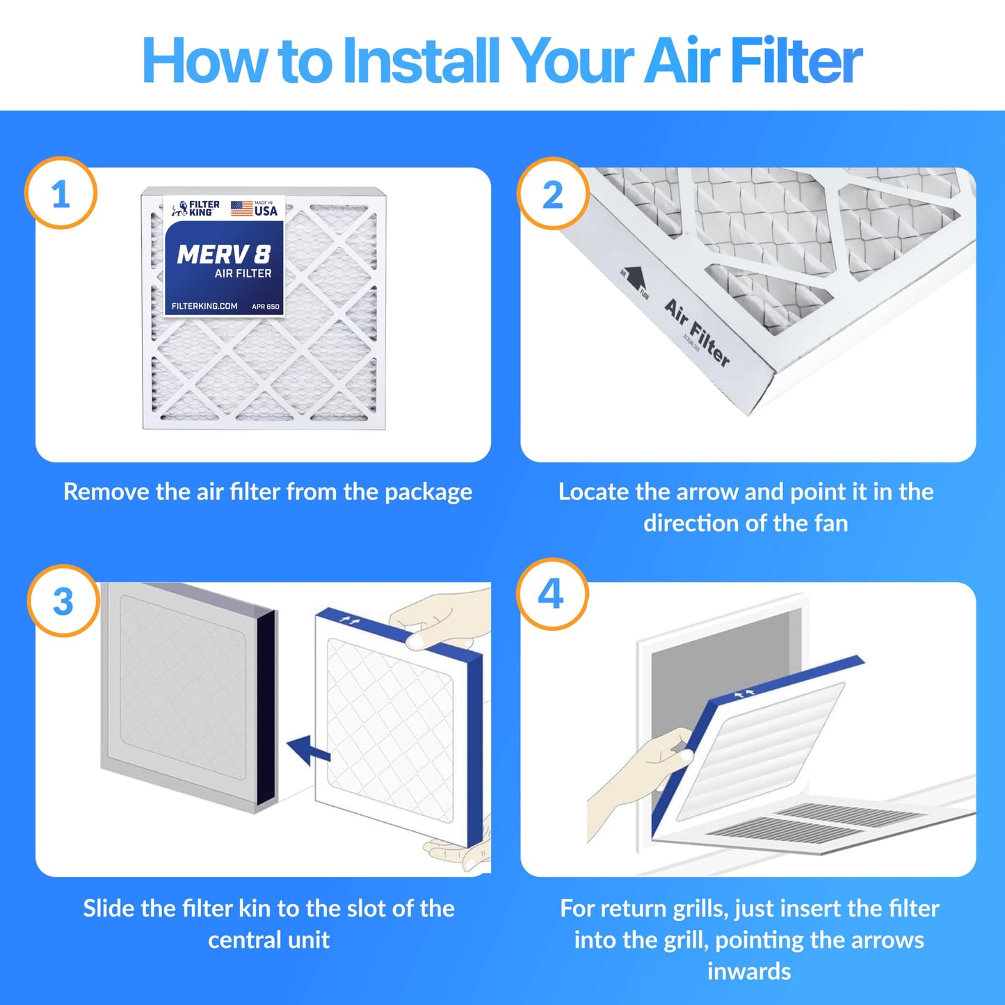 Filter King 22x24x1 Air Filter (MERV 8) (6-Pack) Dust & Allergy Control AC Furnace Filters, MADE IN USA, HVAC, Pleated, Electrostatic (Actual Size: 21.5 x 23.5 x .75)