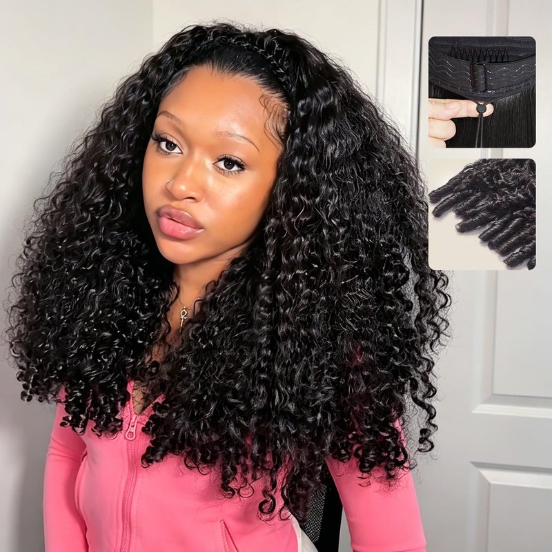 mscoco Half Wig Human Hair Burmese Curly 3 In 1 Drawstring Seamless Flip Over Half Wig Wear and Go Glueless Wigs Human Hair for Black Women Beginner Friendly 16inch