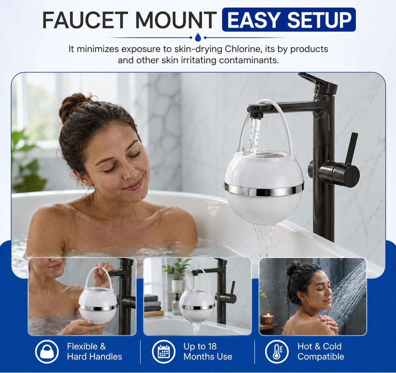 Crystal Quest Bath Ball Filter for Tub Faucet, Bathtub Water Filter, BPA-Free Bathtub Filter, Removes Chlorine, Lead & Impurities, Improves Skin, Hair & Nails, Long Lasting, Fits Most Tubs - White