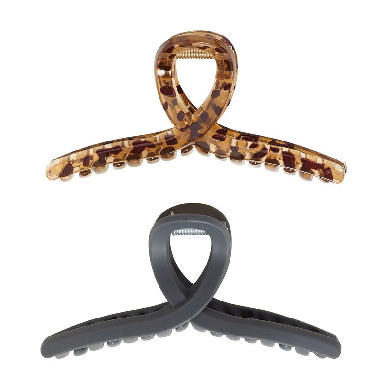 Goody SlideProof Ribbon Claw Clips - 2 Ct, Black & Tortoise Shell, Secure Grip Loop Hair Styling Accessories for Women & Men, for Thin & Fine Hair