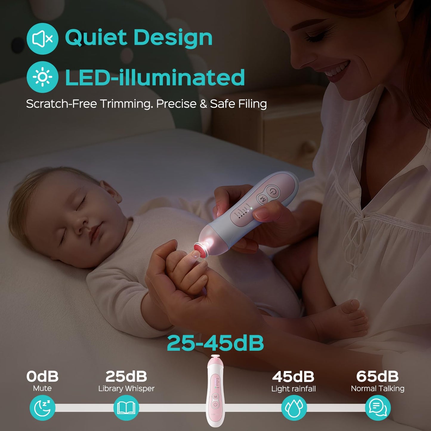 COSLUS C52 Rechargeable Baby Nail File: Cordless Baby Nail Trimmer Electric with 5 Speeds & 6 Grinding Heads for Baby Kid, CPC Certified and Quiet Design - Safe for Sleep Trim Buffer, Pink