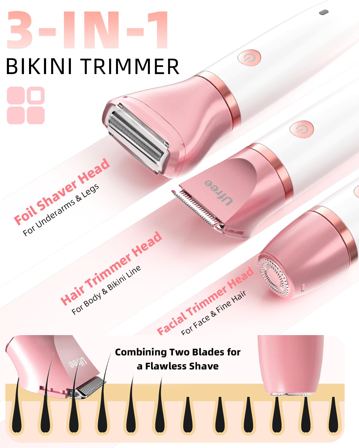 Ufree Electric Shaver Razors for Women Pubic Hair, Bikini Trimmer for Face and Body Hair, Wet & Dry Use Groomer, Hair Trimmer, Birthday Gifts for Women, Gold