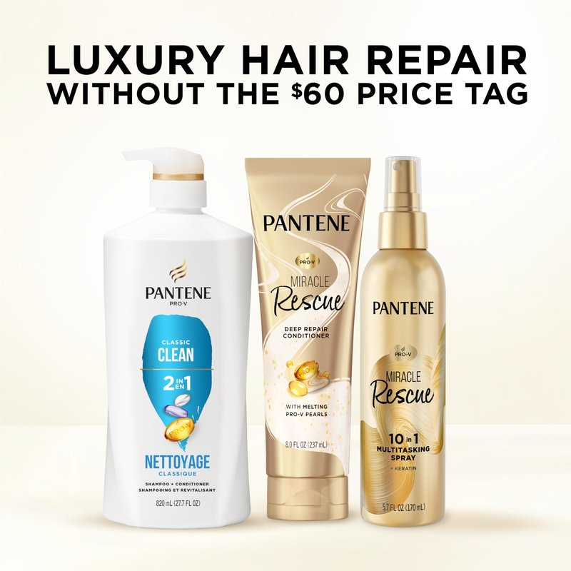 Pantene 2-in-1 Shampoo & Conditioner, Classic Clean - Pro-V Nutrients for Dry, Color-Treated Hair, Healthy Looking Hair Every Wash, Antioxidant-Rich, 27.7 Oz Each, 2-Pack + Rescue Shot (0.5 Oz)