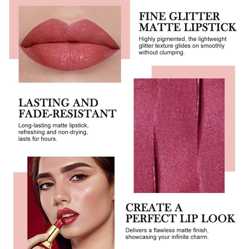 3Pcs Nude Pink Metallic Lipstick Lip Gloss for Women Set,Lightweight Shimmer Frosted Long Lasting Lipstick,Glitter Lip Stain Waterproof Smudge Proof 24 Hour Full Coverage Lip Makeup,Vegan（07,08,09)