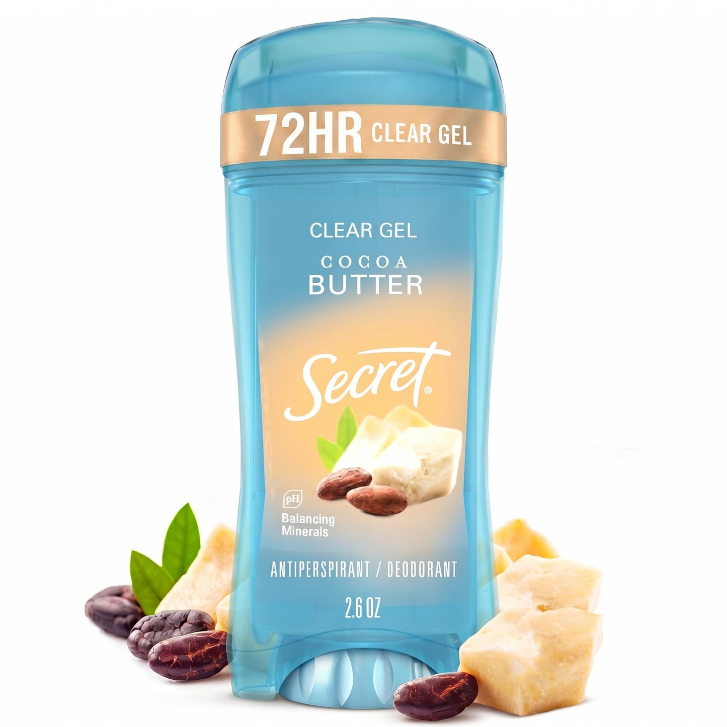 Secret Fresh Antiperspirant Deodorant for Women, 72hr Breathable Sweat & Odor Protection, Instant Freshness & Gentle, PH Balancing Minerals, Clear Gel, Cocoa Butter Scent, 2.6 oz