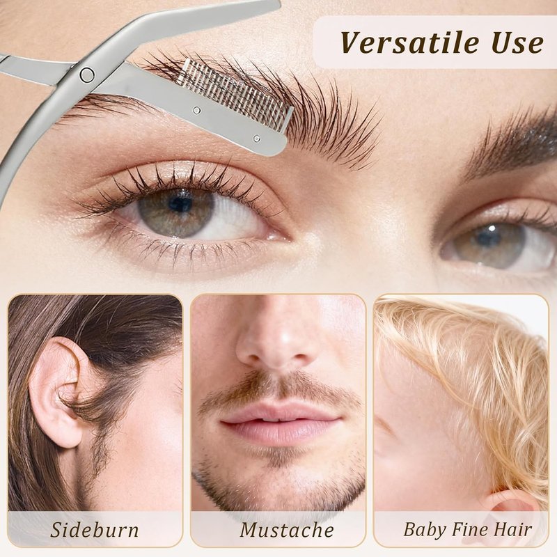 Skiennix Eyebrow Trimming Scissors Set - Includes Comb & Spiral Brush, Perfect Gift for All (Gray)