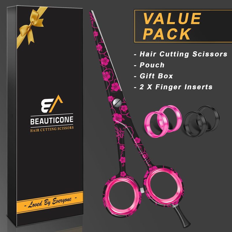 BEAUTICONE ® Hair Cutting Scissors - High Carbon SS 6.5" Professional Barber-Grade Salon Shears with Serrated & Razor Edge - Black Premium Gift Box with Leather Pouch & Extra Accs - Ultra Lightweight