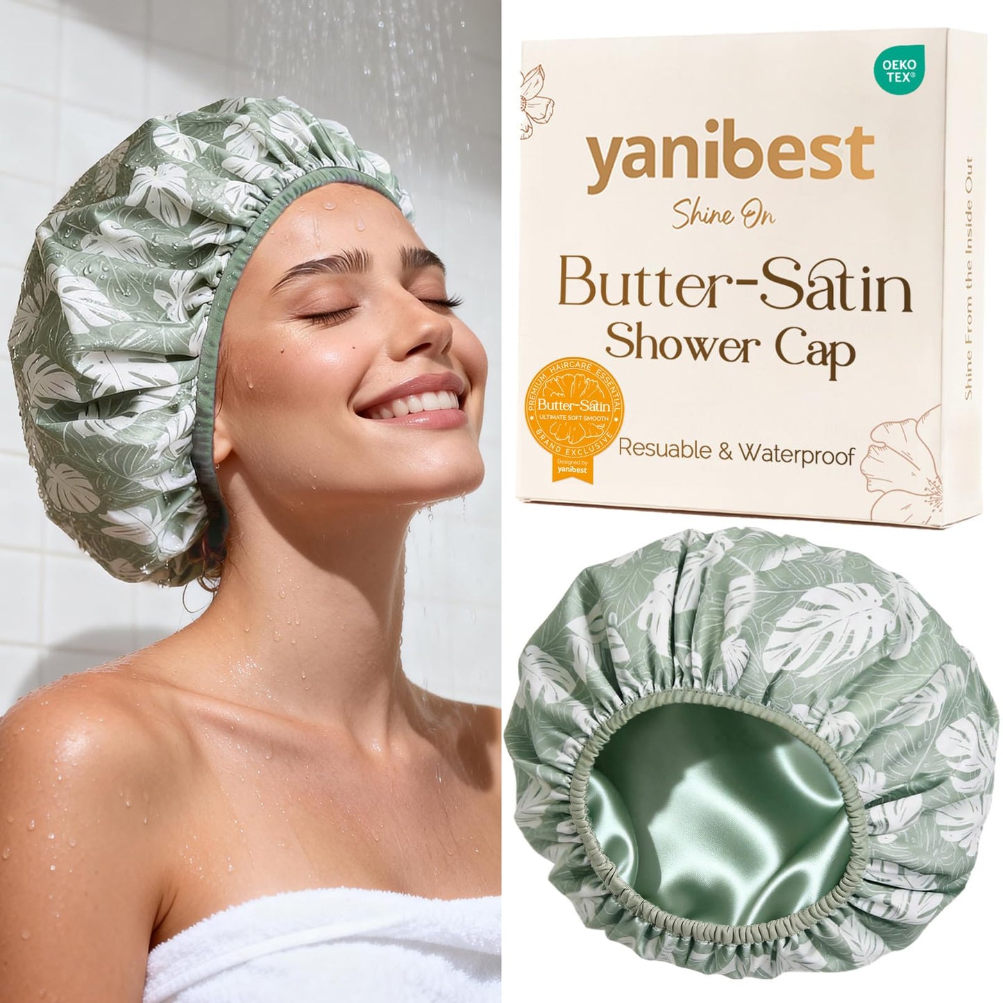 Yanibest Shower Cap for Women - Frizz Free Satin Lined Shower Cap Waterproof Large Double Layer Reusable with Soft Elastic Band for Braids Long Hair