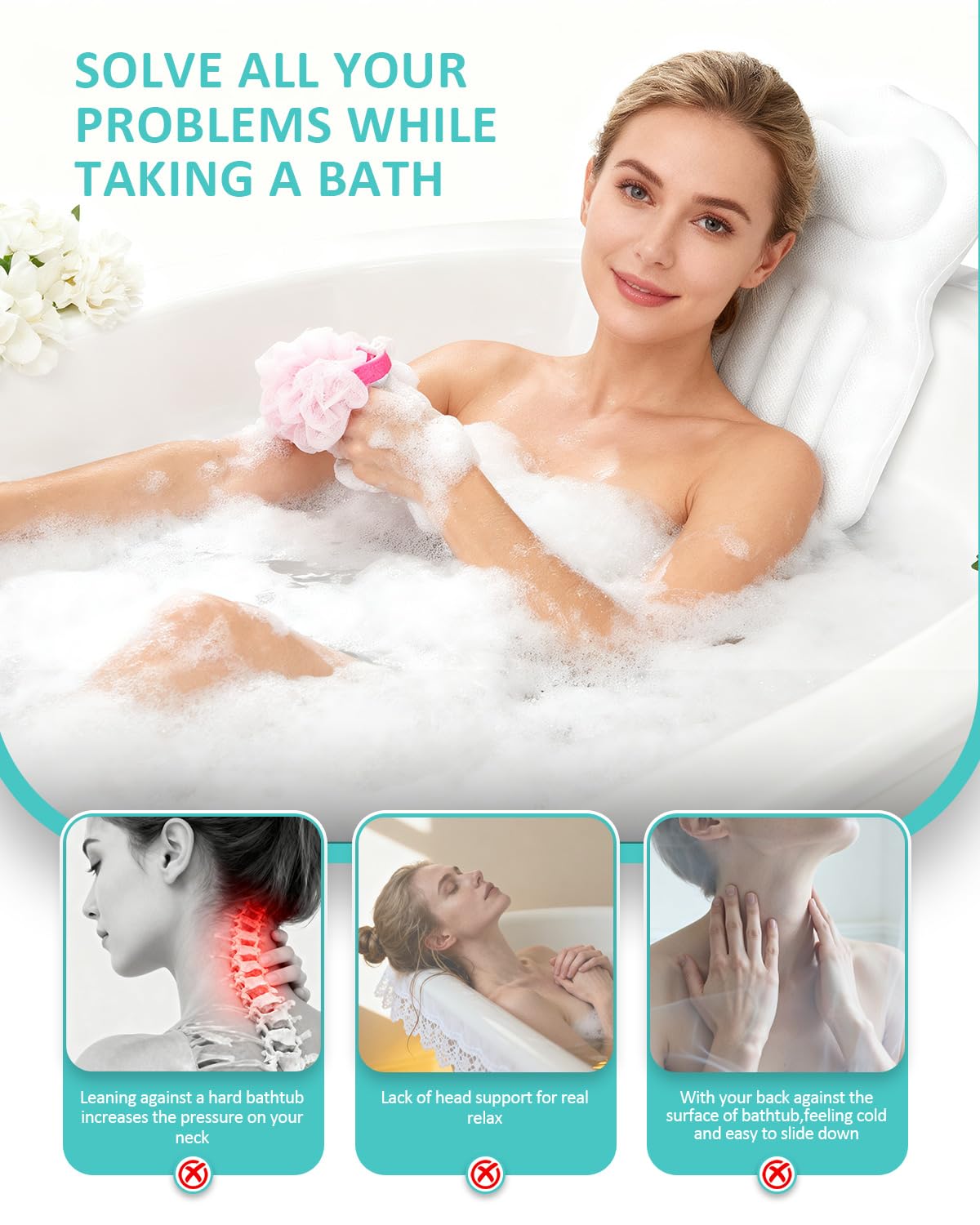 Full Body Bath Pillow for Bathtub, 5D Thick Tub Pillow for Bathtub with 192 Non-Slip Suction Cups, Laundry Bag & Hook, Bathtub Pillow for Head, Neck & Back Support (White, 51"*15")