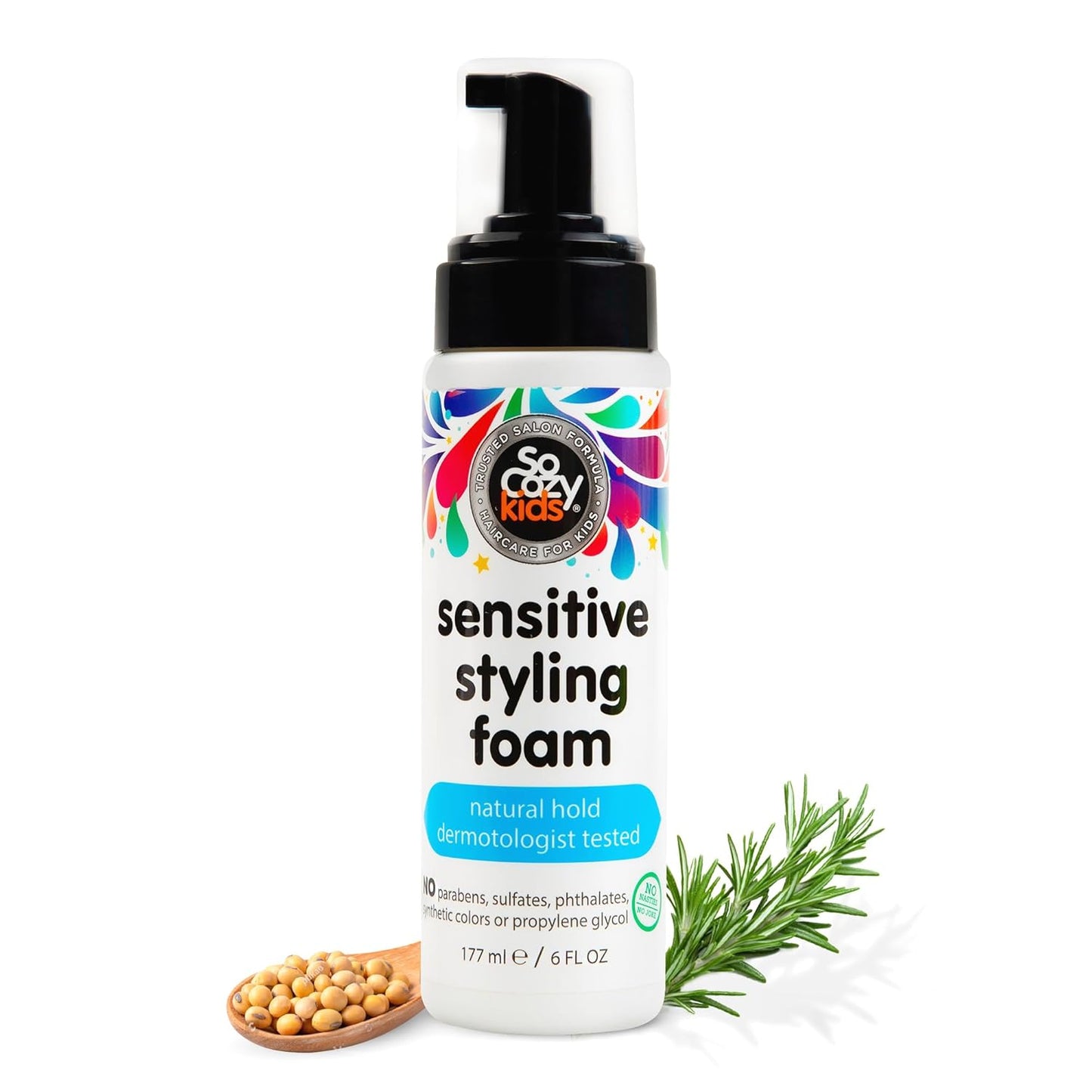 SoCozy Kids Sensitive Styling Foam - Gentle Natural Hold for Straight or Curly Hair | 6 fl oz