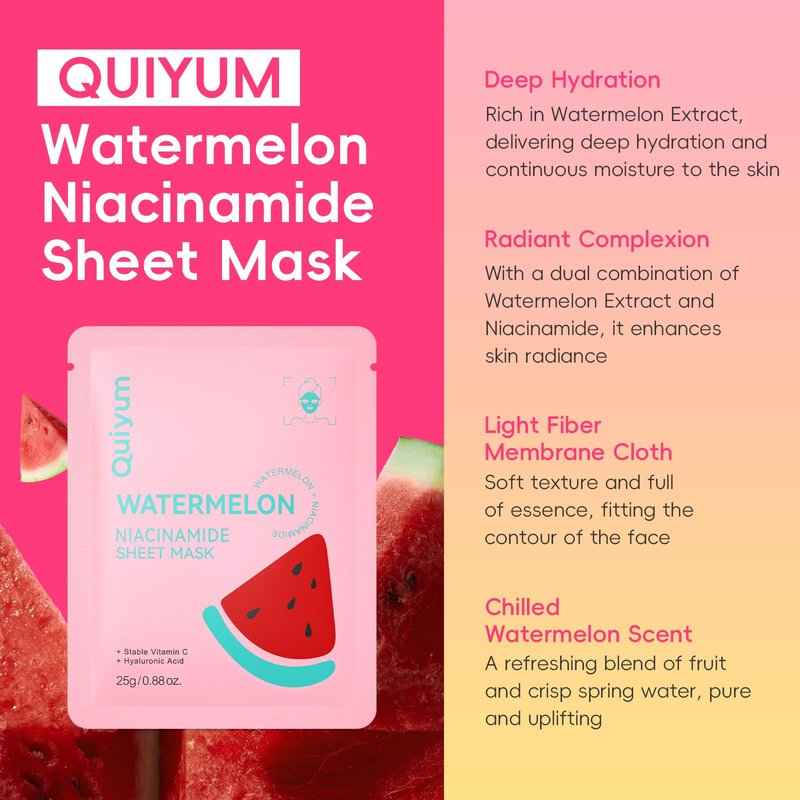 QUIYUM 14 Pack Watermelon Niacinamide Sheet Mask - Hydrating Facial Masks for All Skin Types, Skincare Set, Spa Gift for Women & Teens