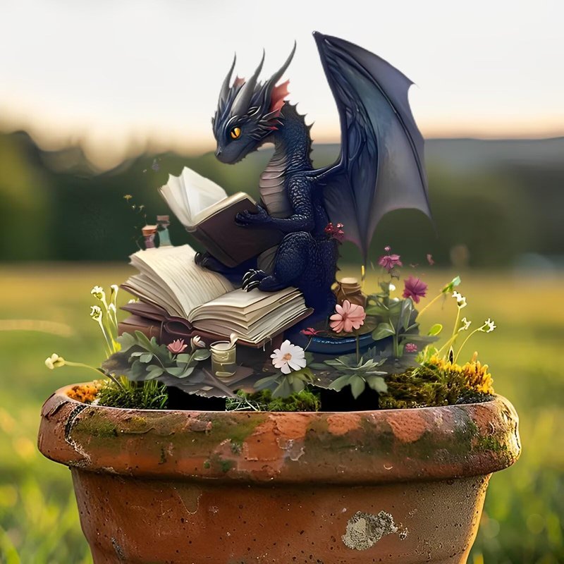 Dragon Reading Book Acrylic Garden Stake, Indoor and Outdoor Decoration, Idea Gift for Flower Potted Ornament and Landscape Beautification, Suitable for Yard, Courtyards and Lawn