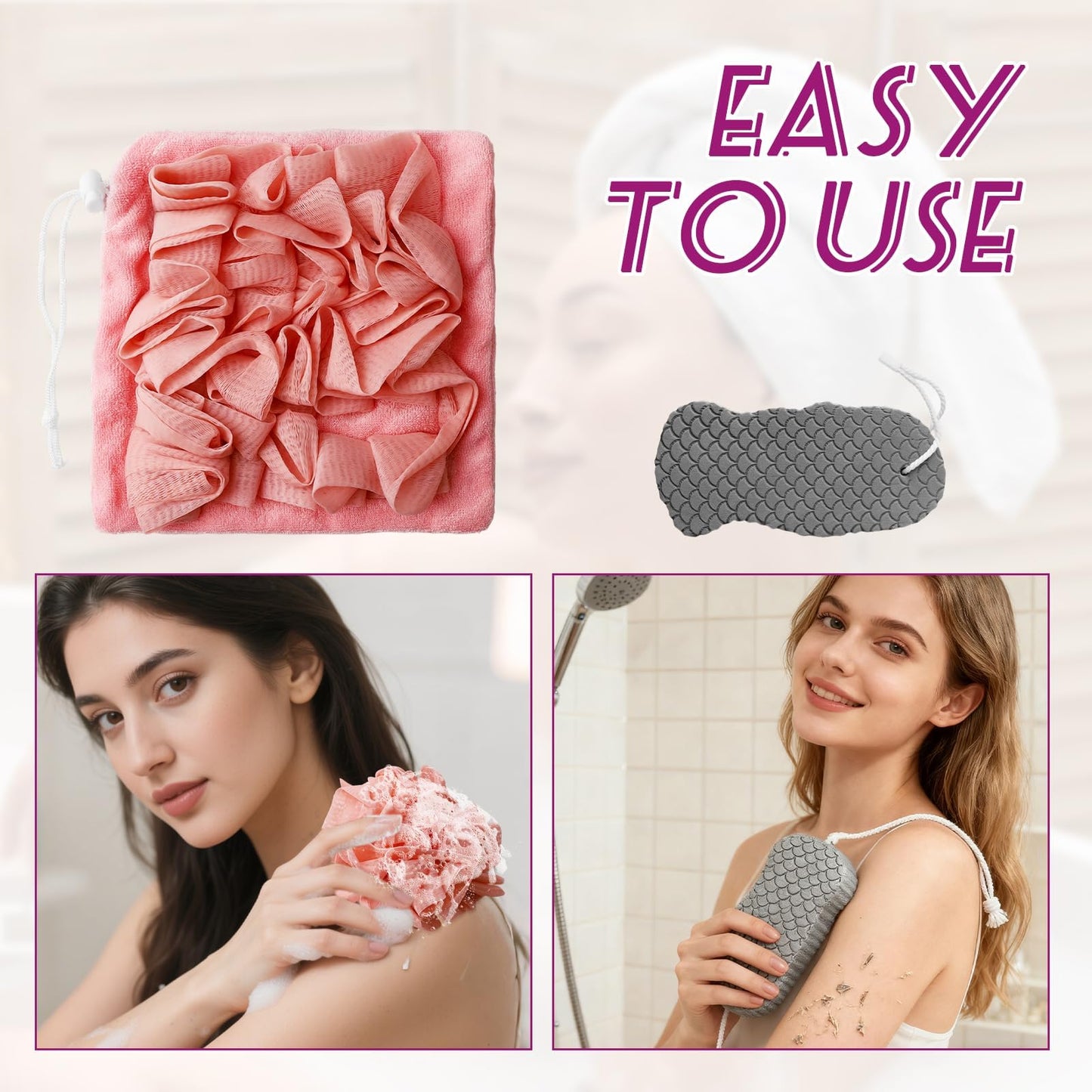 4 Pcs Shower Loofah Set & Exfoliating Mesh Loofahs, Body Scrubber Ball, and Bath Loofah for Men & WomenLarge Bath Sponge Pouf, Large Shower Loofah Set
