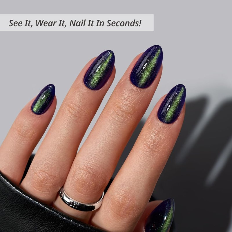 Press On Nails - Witch's Emerald & Sparkle Cat Eye Blue | Halloween Almond Gel Nails Kit - 16 Sizes, 32 Pieces