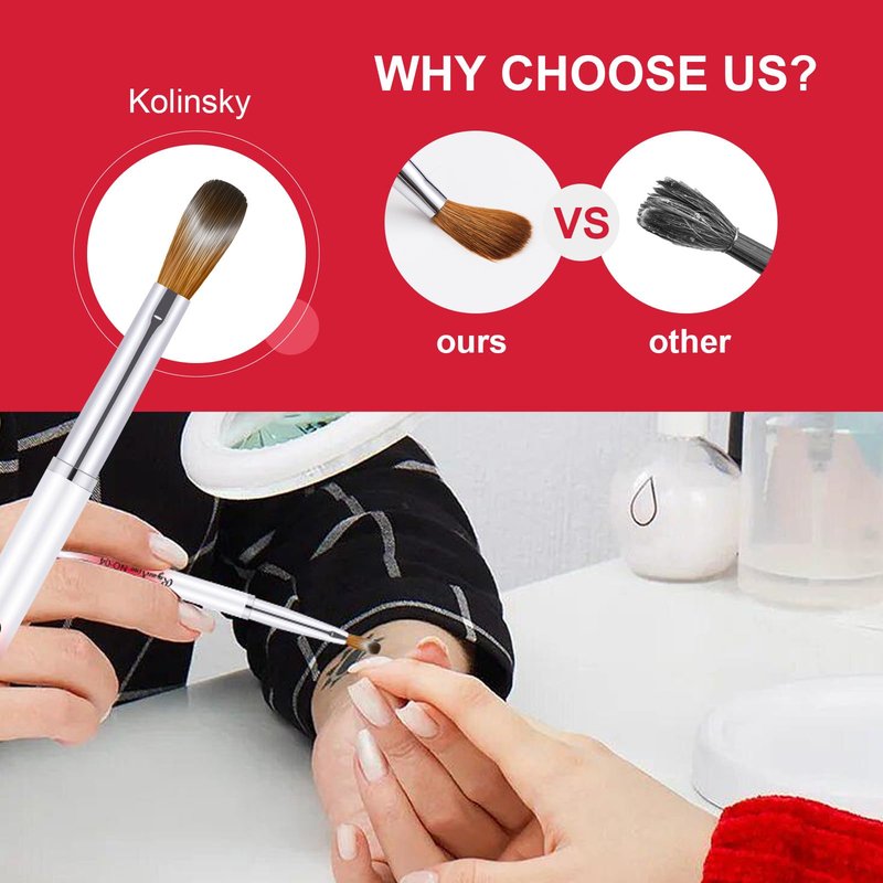 6PCS Acrylic Nail Brush Set, Kolinsky Hair, Oval Crimped Pressed Shaped, Red Metal Handle, Professional Manicure for DIY Home Salon - Sizes 4/8/10/12/14/16