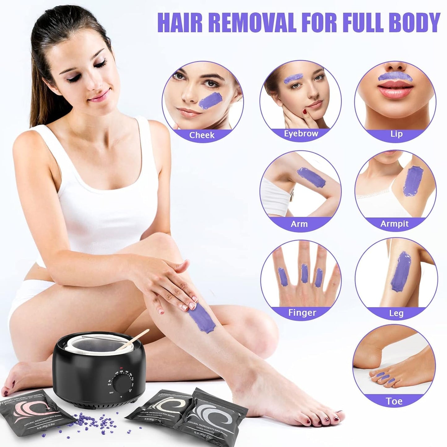 Waxing Kit - Hard Wax Warmer with 14oz & 5 Bags Hard Wax Beans | Full Body, Legs, Face, Eyebrows, Bikini, Brazilian Waxing