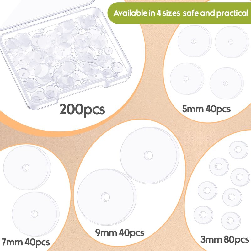 Hicarer 200 Pcs Clear Piercing Disc for Piercing Bump 3/5/ 7/9 mm Clear Silicone Earrings Backs Plastic Disc Pads Stabilizer, Earring Backs Stopper Earlobe Support Patches, 4 Sizes