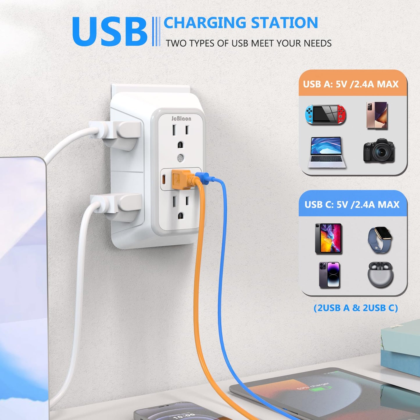JcBlaon Outlet Extender Surge Protector - 6 Outlet Splitter with 4 USB Ports (2 USB C), Multiple Plug Expander Wall Charger, 3 Sided Multi Plug Wall Adapter Power Strip for Home Office Kitchen Travel