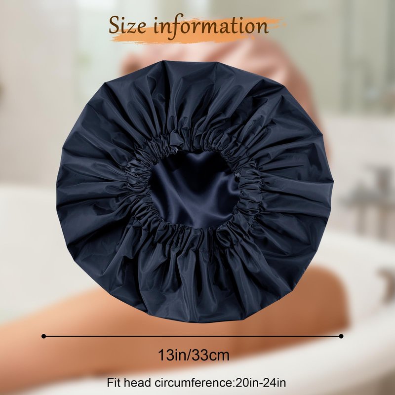 Doitory Shower Cap for Women, Reusable Waterproof Shower Cap Satin Lined with Soft Elastic Band, Large Washable Bath Caps(Navy Blue)