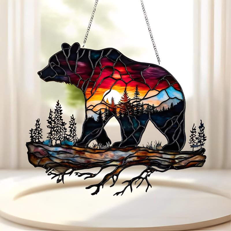 1PC Bear on Branch Acrylic Suncatcher Hanging, 7.08 inch Window Decor with Printed Stained Glass Style Design, Rainbow Maker Wall Art, Gift Idea & Garden Ornament Indoor Outdoor Use/DW-19